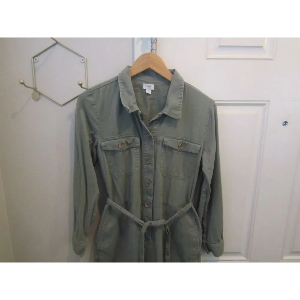 J Crew Utility Jumpsuit Womens 12 Green Belted Button Front Long Sleeve Boiler